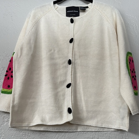Michael Simon cardigan sweater white Cotton blend watermelon patch elbow L - Picture 5 of 8